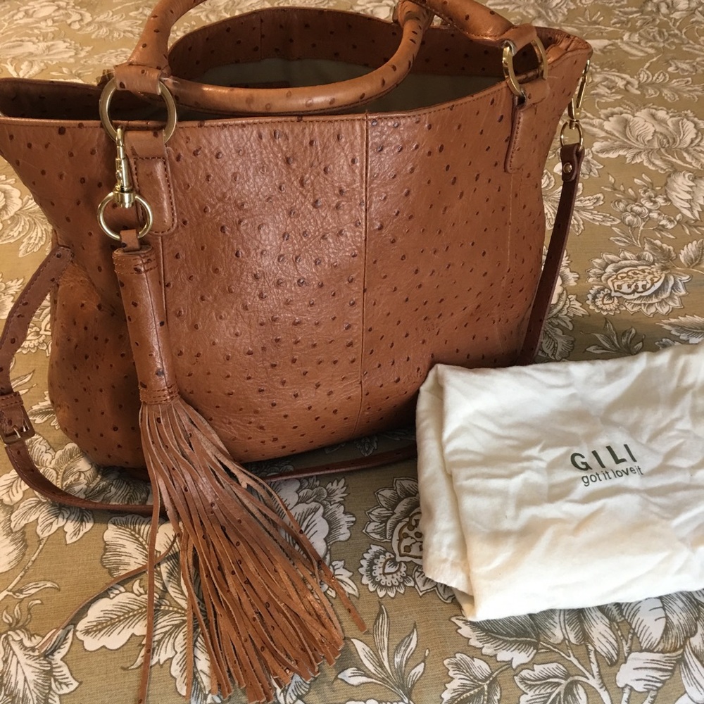 GILI Ostrich Print Camel Tan Large Tote work baby